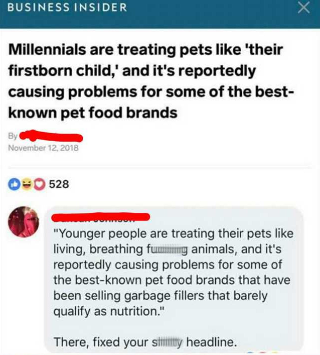 funny crap - Business Insider Millennials are treating pets 'their firstborn child,' and it's reportedly causing problems for some of the best known pet food brands 0 528 "Younger people are treating their pets living, breathing fung animals, and it's rep