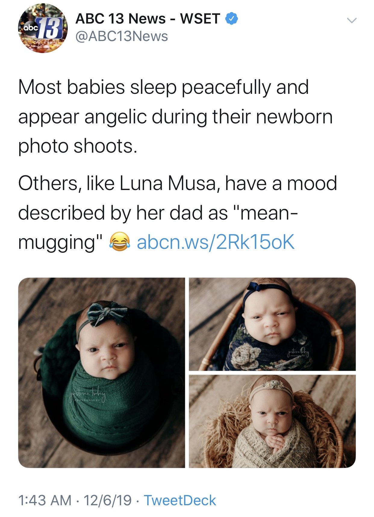 human behavior - pelo Abc 13 News Wset Most babies sleep peacefully and appear angelic during their newborn photo shoots. Others, Luna Musa, have a mood described by her dad as "mean mugging" abcn.ws2Rk 12619. TweetDeck