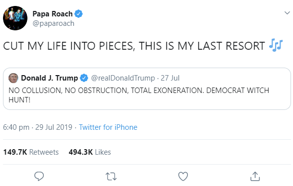 shapiro cortez twitter - Papa Roach Cut My Life Into Pieces, This Is My Last Resort Sfj Donald J. Trump Trump 27 Jul No Collusion, No Obstruction, Total Exoneration. Democrat Witch Hunt! . Twitter for iPhone 27