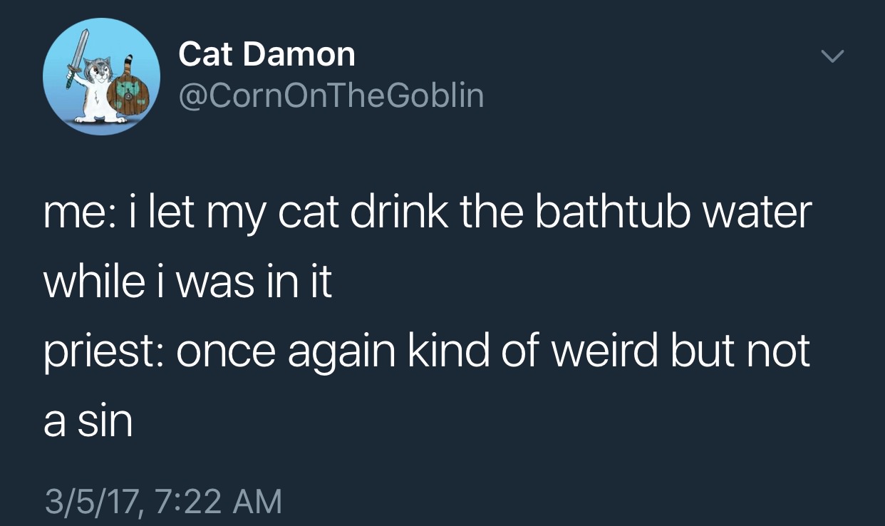 Cat Damon me i let my cat drink the bathtub water while i was in it priest once again kind of weird but not a sin 3517,