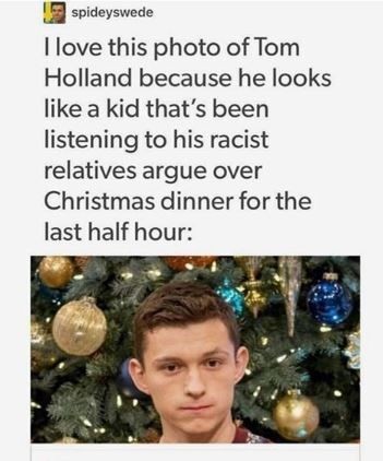christmas memes 2019 - spideyswede I love this photo of Tom Holland because he looks a kid that's been listening to his racist relatives argue over Christmas dinner for the last half hour