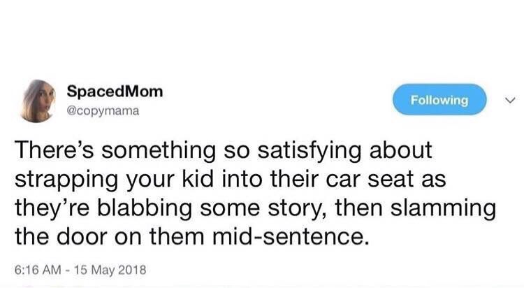 misogynistic tweets - SpacedMom ing There's something so satisfying about strapping your kid into their car seat as they're blabbing some story, then slamming the door on them midsentence.