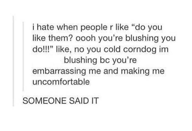 document - i hate when people r "do you them? oooh you're blushing you do!!!" , no you cold corndog im blushing bc you're embarrassing me and making me uncomfortable Someone Said It