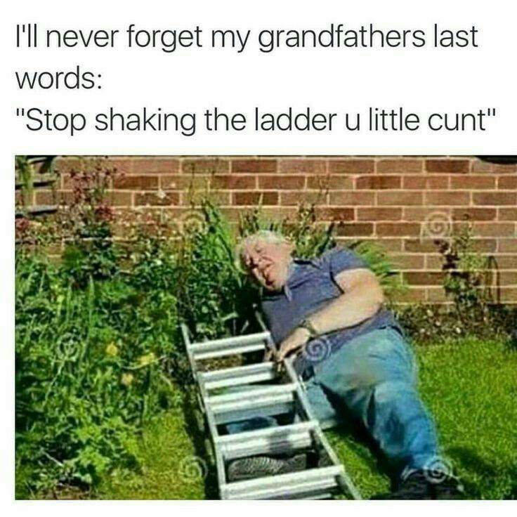 dark offensive memes - I'll never forget my grandfathers last words "Stop shaking the ladder u little cunt"