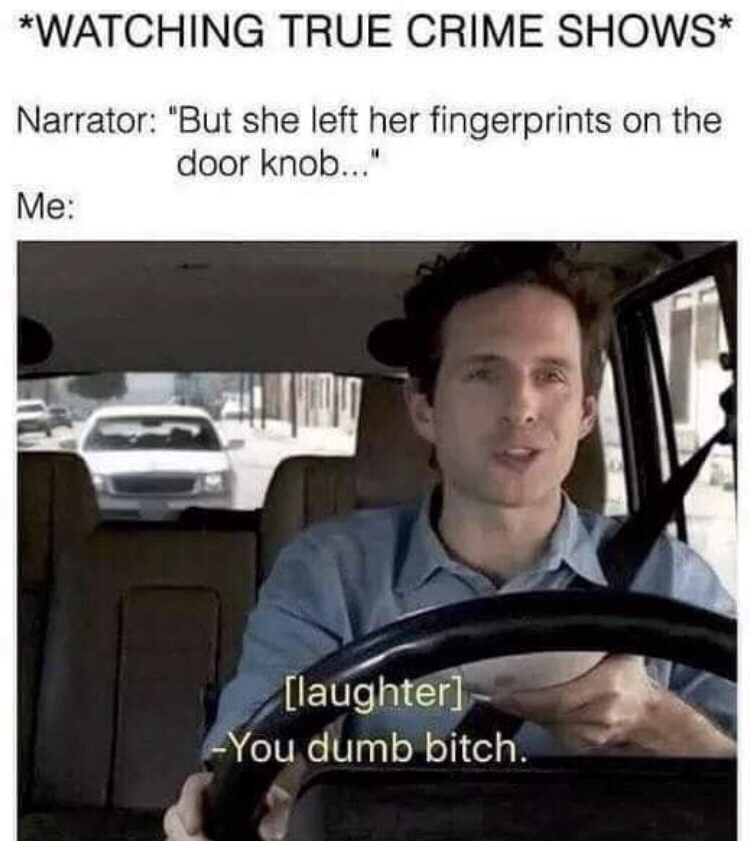 true crime meme - Watching True Crime Shows Narrator "But she left her fingerprints on the door knob..." Me laughter You dumb bitch.