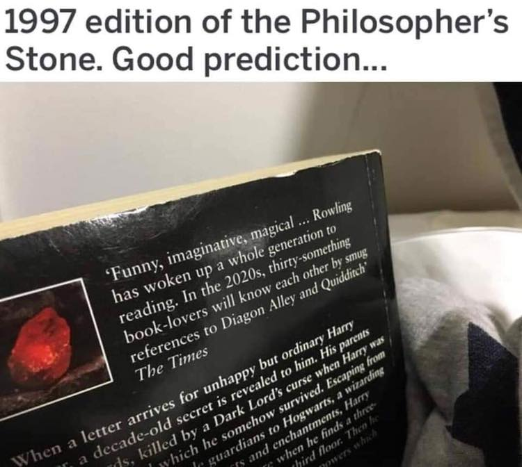 1997 edition of the Philosopher's Stone. Good prediction... 'Funny, imaginative, magical ... Rowling has woken up a whole generation to reading. In the 2020s, thirtysomething booklovers will know each other by smug references to Diagon Alley and Quidditch