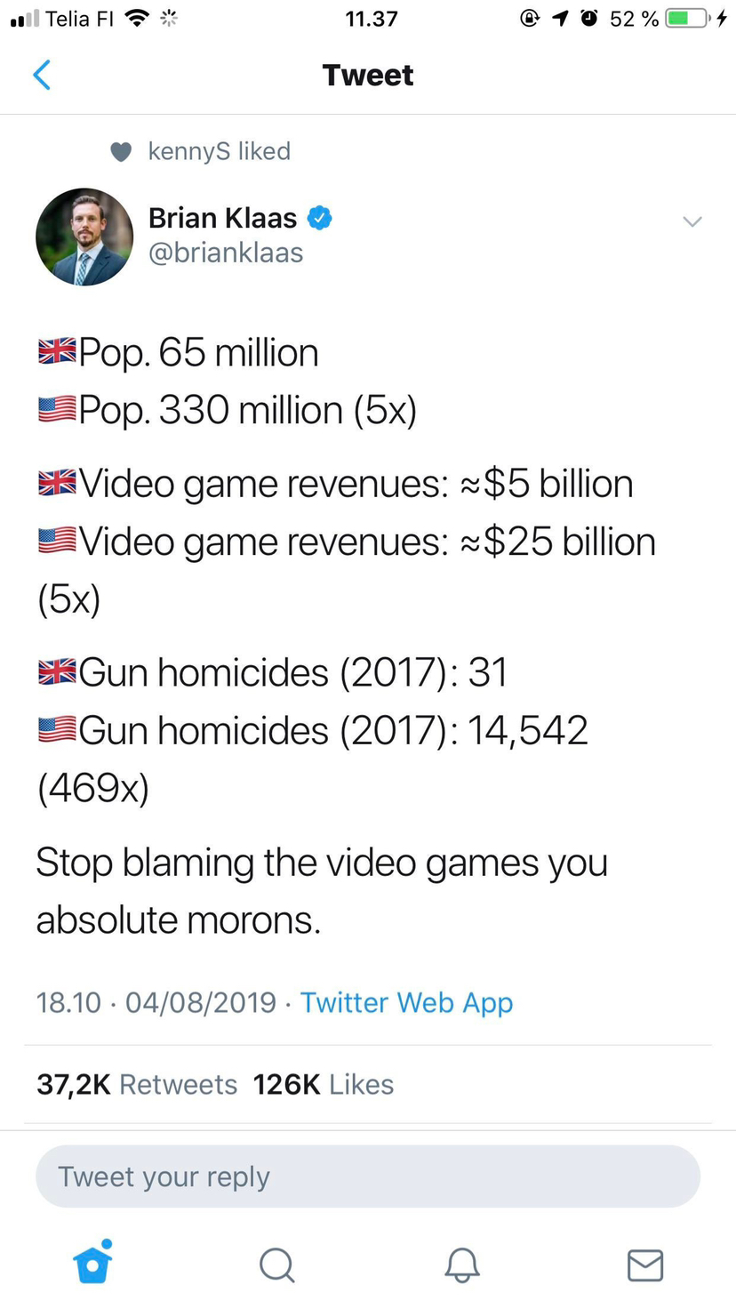 video games gun violence tweet - .Telia Fl 11.37 @ 1 0 52% 4 Tweet kennys d Brian Klaas Pop. 65 million Pop. 330 million 5x Video game revenues $5 billion Video game revenues