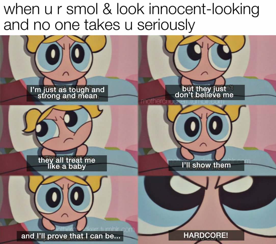 bubbles powerpuff girls meme - when u r smol & look innocentlooking and no one takes u seriously I'm just as tough and strong and mean but they just don't believe me Toinerci they all treat me a baby I'll show them and I'll prove that I can be... Hardcore