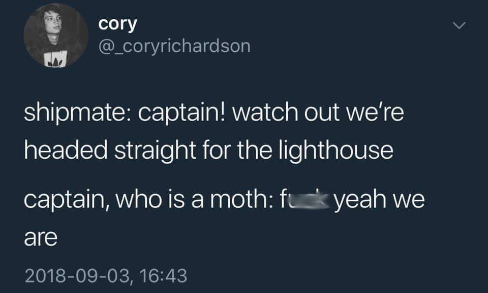 lighthouse meme - cory shipmate captain! watch out we're headed straight for the lighthouse captain, who is a moth f yeah we are ,