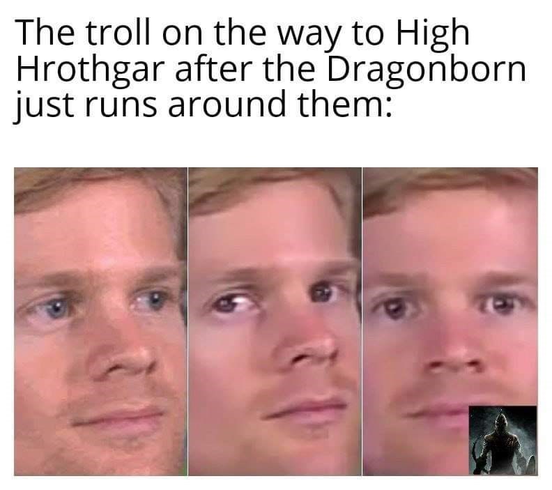 white guy blinking meme - The troll on the way to High Hrothgar after the Dragonborn just runs around them