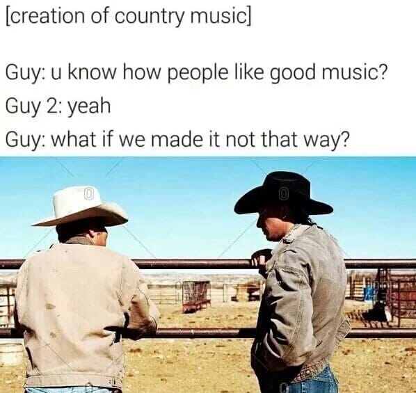 country music memes funny - creation of country music Guy u know how people good music? Guy 2 yeah Guy what if we made it not that way?