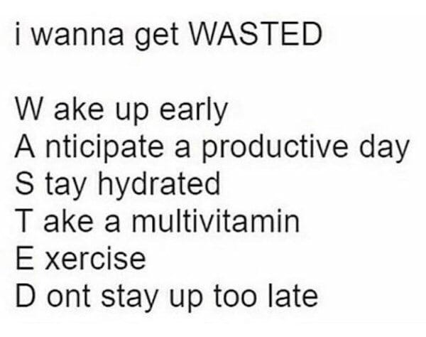 wanna get wasted meme - i wanna get Wasted Wake up early A nticipate a productive day S tay hydrated Take a multivitamin Exercise D ont stay up too late