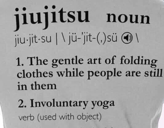 jiu jitsu involuntary yoga - jiujitsu noun jiujitsu | \j'jits 1 1. The gentle art of folding clothes while people are still in them 2. Involuntary yoga verb used with object