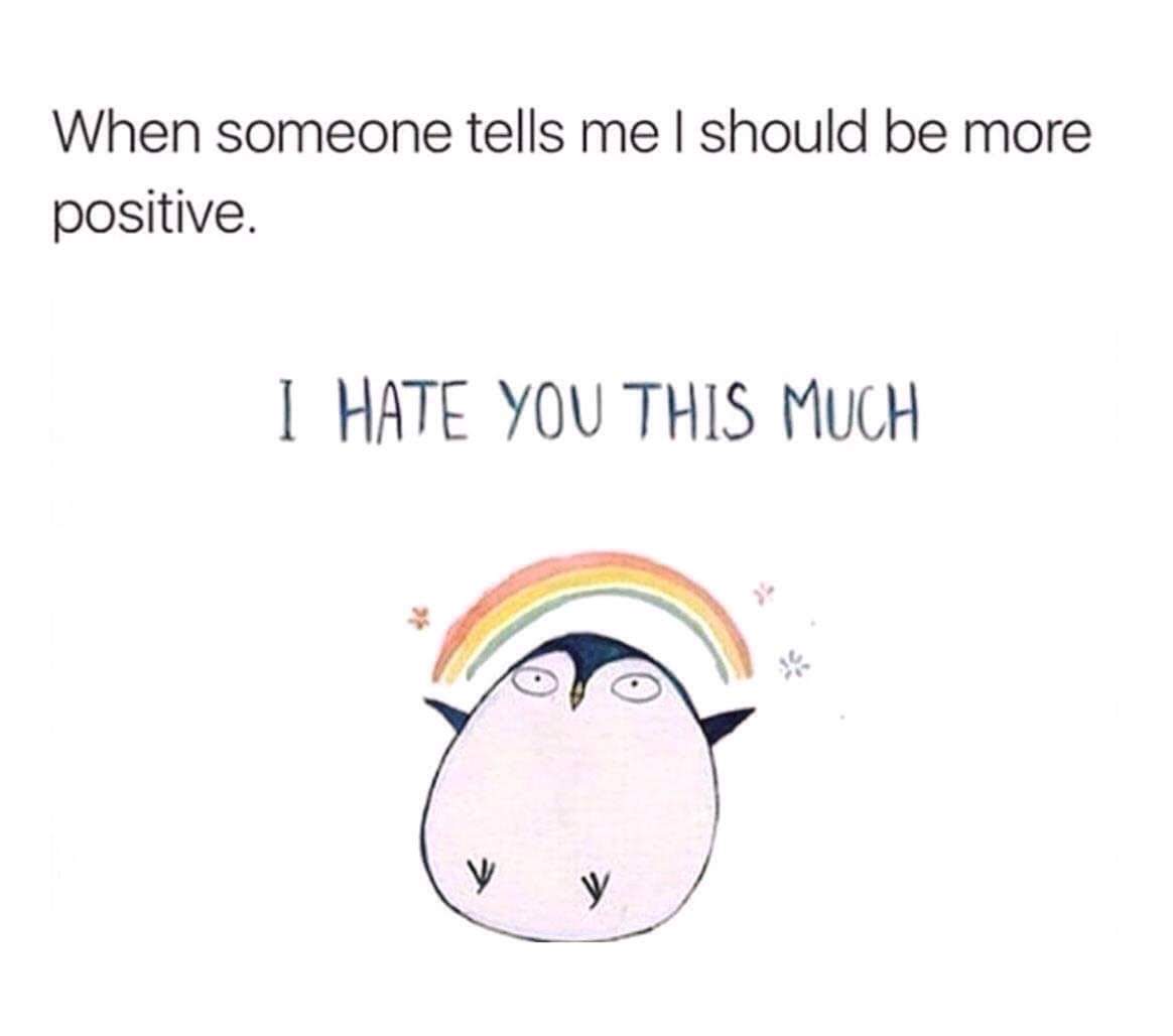 toxic positivity meme - When someone tells me I should be more positive. I Hate You This Much