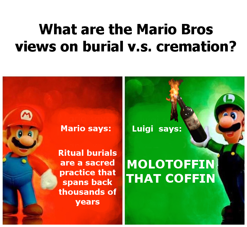 mario vs luigi memes - What are the Mario Bros views on burial v.s. cremati...