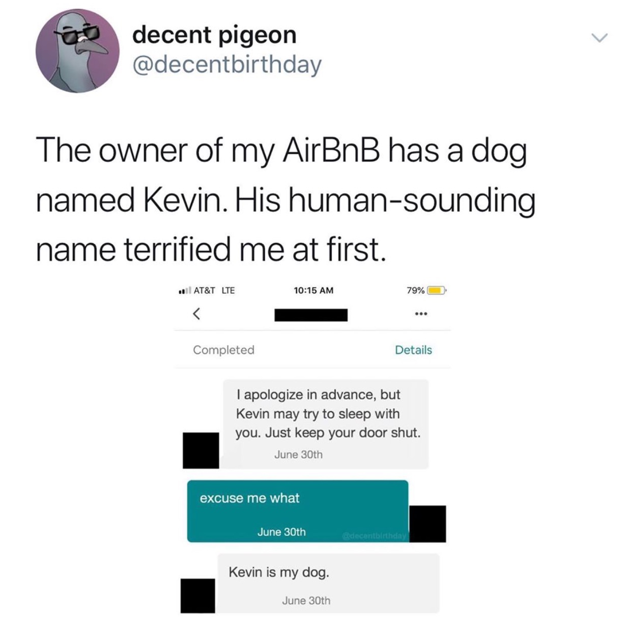 media - decent pigeon The owner of my AirBnB has a dog named Kevin. His humansounding name terrified me at first. ... At&T Lte 79% O Completed Details I apologize in advance, but Kevin may try to sleep with you. Just keep your door shut. June 30th excuse 