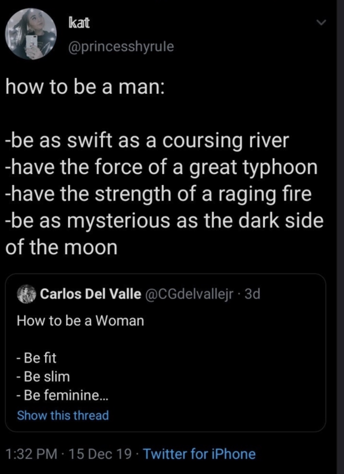 screenshot - kat how to be a man be as swift as a coursing river have the force of a great typhoon have the strength of a raging fire be as mysterious as the dark side of the moon Carlos Del Valle 3d, How to be a Woman Be fit Be slim Be feminine... Show t