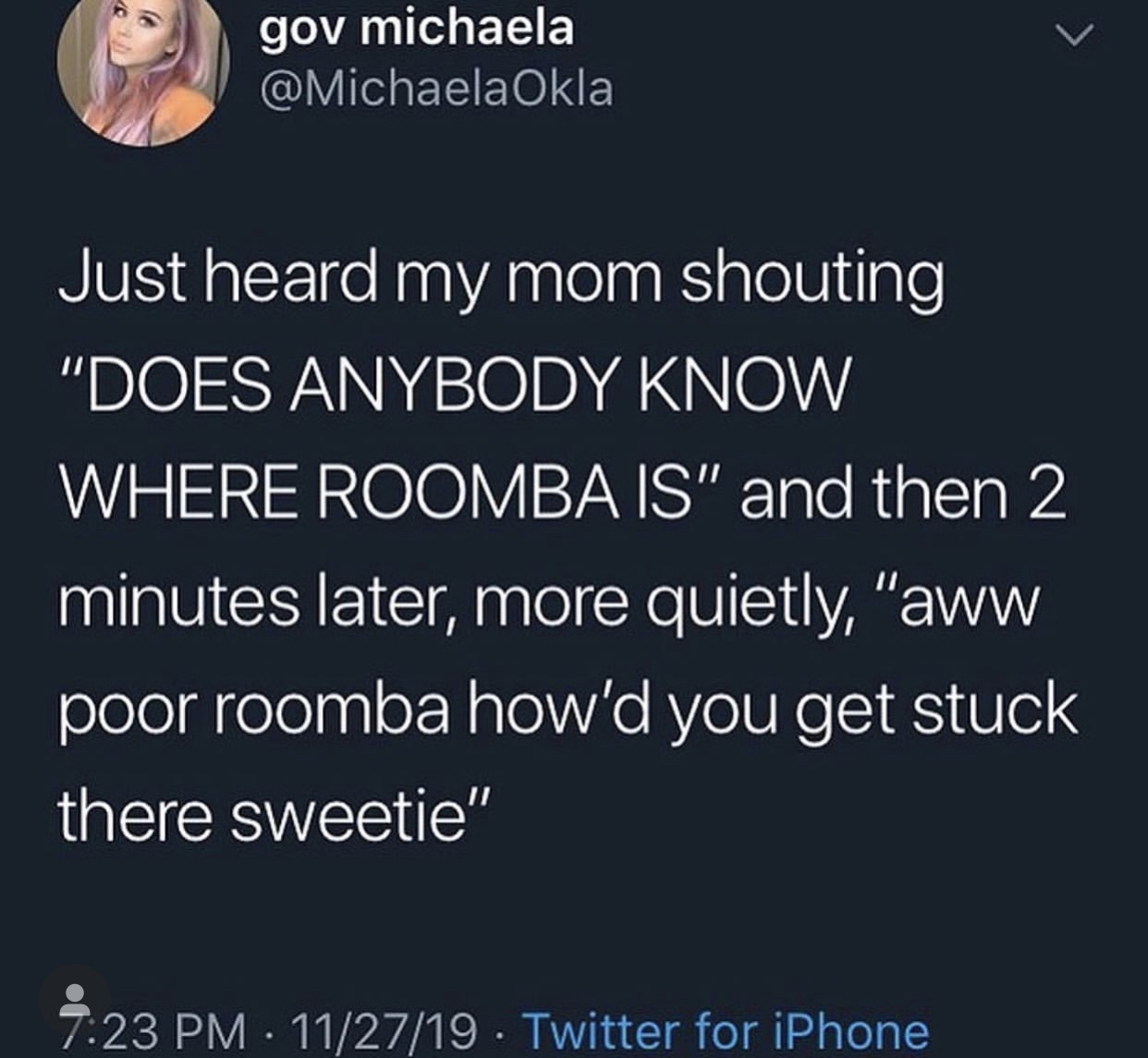 fortnite toxic meme - gov michaela Okla Just heard my mom shouting "Does Anybody Know Where Roomba Is" and then 2 minutes later, more quietly, "aww poor roomba how'd you get stuck there sweetie" 112719. Twitter for iPhone