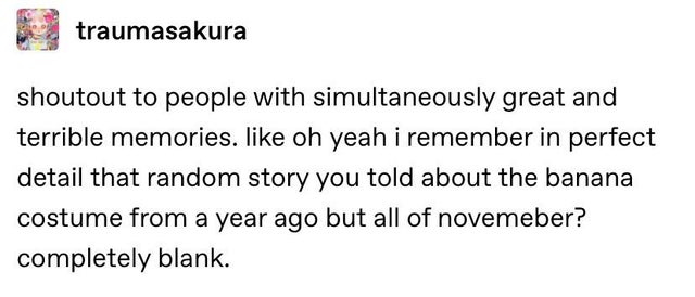 traumasakura shoutout to people with simultaneously great and terrible memories. oh yeah i remember in perfect detail that random story you told about the banana costume from a year ago but all of novemeber? completely blank.