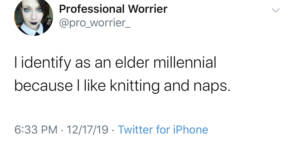 slimming world - Professional Worrier Tidentify as an elder millennial because I knitting and naps. 121719 Twitter for iPhone