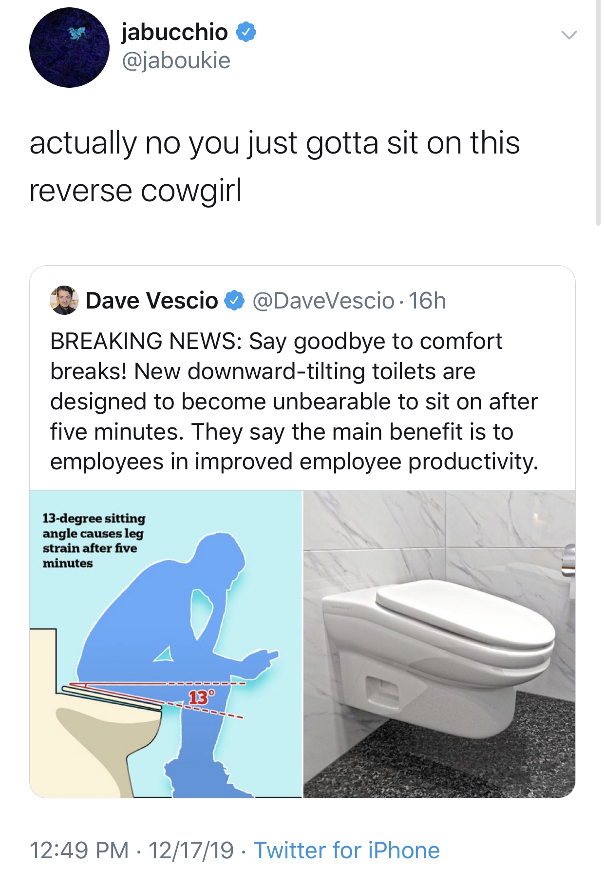 News - jabucchio actually no you just gotta sit on this reverse cowgirl Dave Vescio . 16h Breaking News Say goodbye to comfort breaks! New downwardtilting toilets are designed to become unbearable to sit on after five minutes. They say the main benefit is