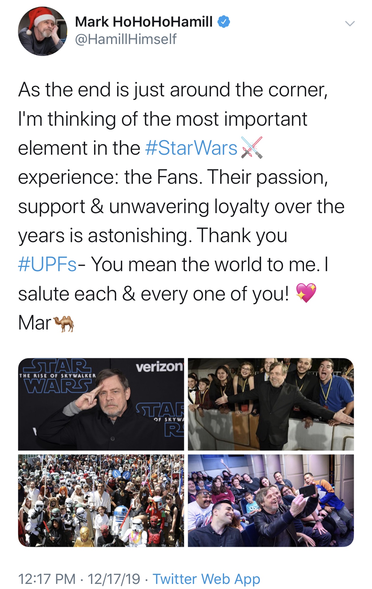 media - Mark HoHoHoHamill Himself As the end is just around the corner, I'm thinking of the most important element in the Wars X experience the Fans. Their passion, support & unwavering loyalty over the years is astonishing. Thank you mean the world to me