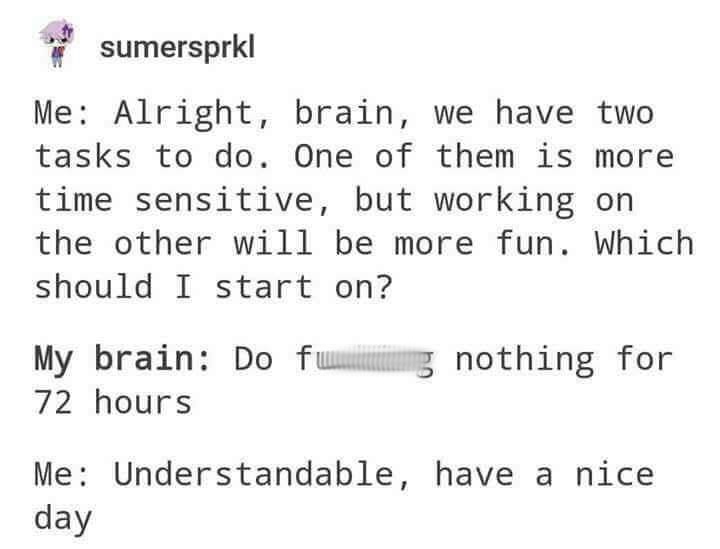 together - sumersprkl Me Alright, brain, we have two tasks to do. One of them is more time sensitive, but working on the other will be more fun. Which should I start on? My brain Do fwing nothing for 72 hours Me Understandable, have a nice day