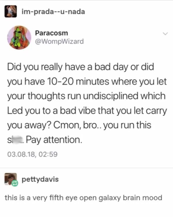 did you have a bad day - impradaunada Paracosm Did you really have a bad day or did you have 1020 minutes where you let your thoughts run undisciplined which Led you to a bad vibe that you let carry you away? Cmon, bro.. you run this si. Pay attention. 03