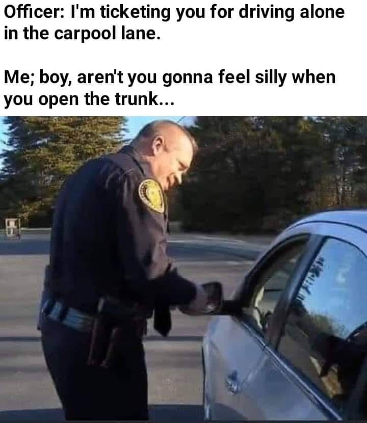 its medicinal first of all that beer - Officer I'm ticketing you for driving alone in the carpool lane. Me; boy, aren't you gonna feel silly when you open the trunk...