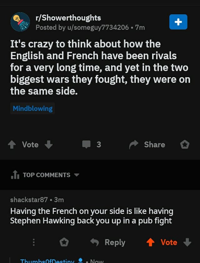 screenshot - rShowerthoughts Posted by usomeguy7734206 .7m It's crazy to think about how the English and French have been rivals for a very long time, and yet in the two biggest wars they fought, they were on the same side. Mindblowing Vote 3 o 1. Top sha