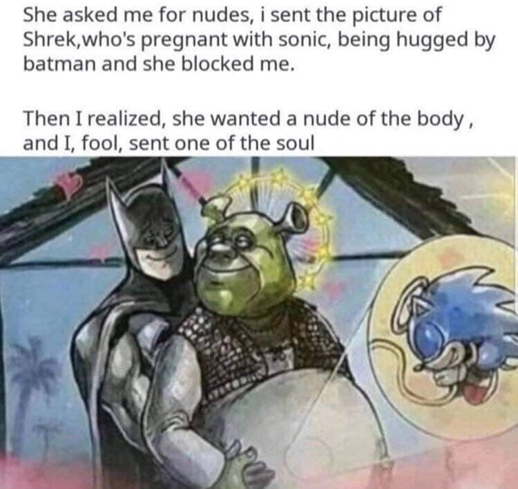 pregnant shrek meme - She asked me for nudes, i sent the picture of Shrek, who's pregnant with sonic, being hugged by batman and she blocked me. Then I realized, she wanted a nude of the body, and I, fool, sent one of the soul