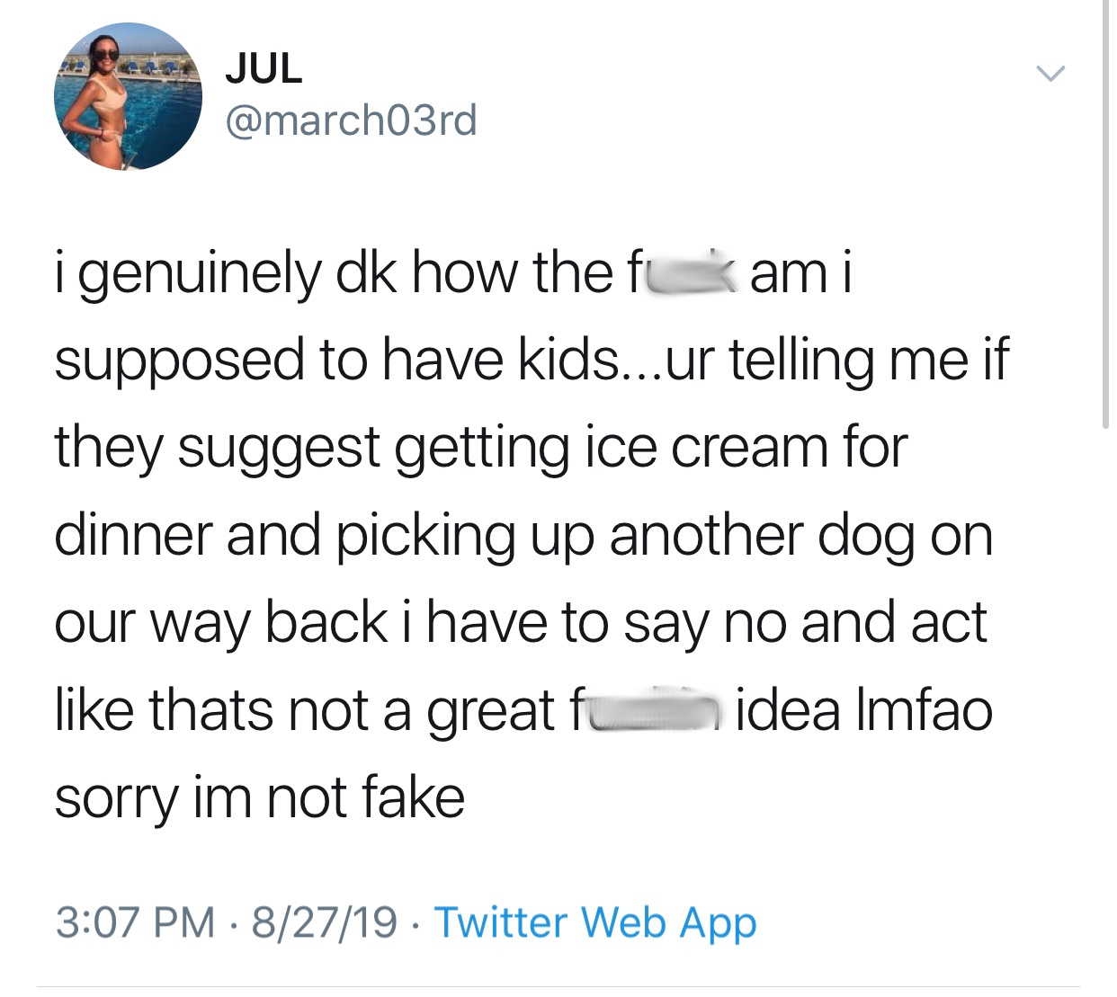 LGBT - Jul i genuinely dk how the flami supposed to have kids...ur telling me if they suggest getting ice cream for dinner and picking up another dog on our way back i have to say no and act thats not a great fun idea lmfao sorry im not fake 82719 Twitter