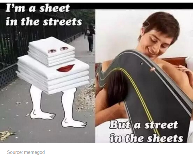 streets in the sheets meme - I'm a sheet in the streets But a street in the sheets Source memegod