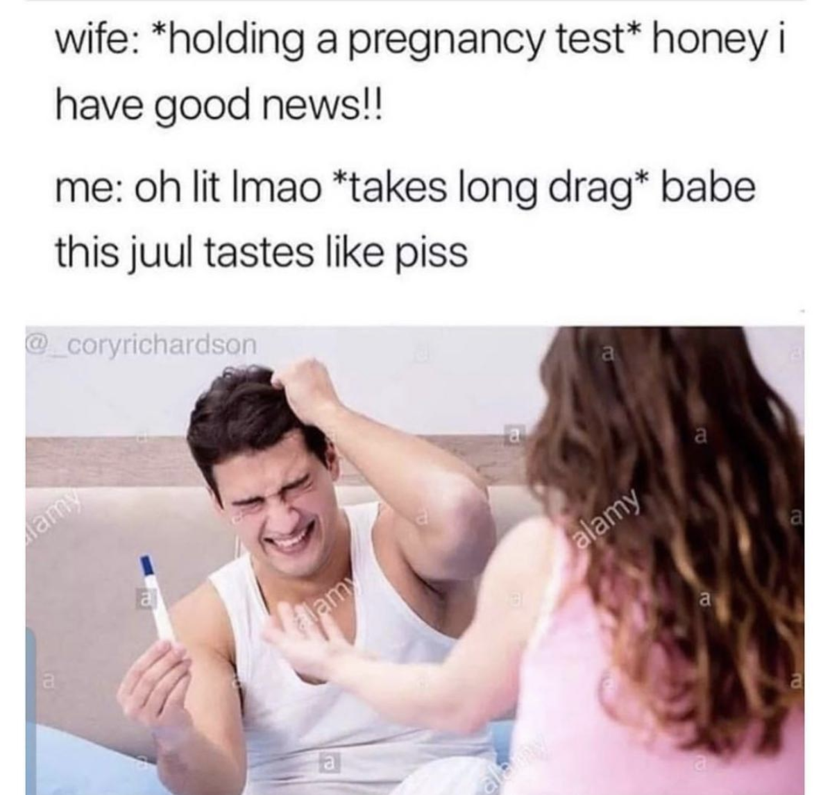 pregnant test with husband - wife holding a pregnancy test honey i have good news!! me oh lit Imao takes long drag babe this juul tastes piss alamy