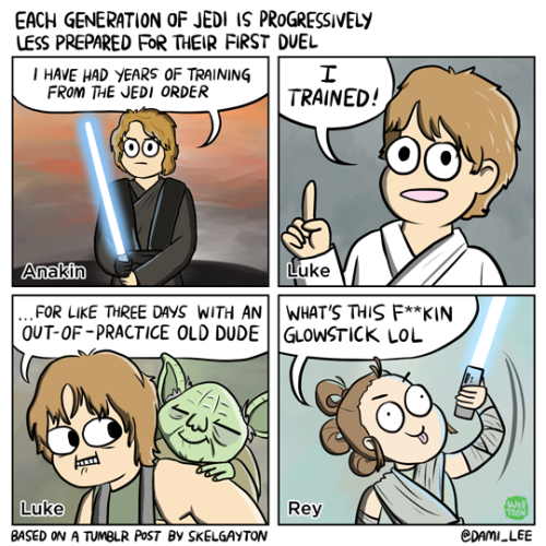 star wars jokes - Each Generation Of Jedi Is Progressively Less Prepared For Their First Duel I Have Had Years Of Training I From The Jedi Order Trained! Anakin Luke ...For Three Days With An OutOfPractice Old Dude What'S This FKin Glowstick Lol Rey Luke 