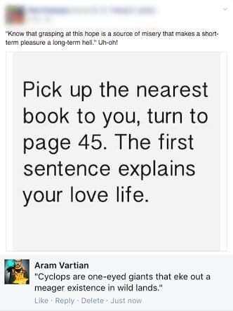 desercion escolar - "Know that grasping at this hope is a source of misery that makes a short term pleasure a longterm hell." Uhoh! Pick up the nearest book to you, turn to page 45. The first sentence explains your love life. Aram Vartian "Cyclops are one