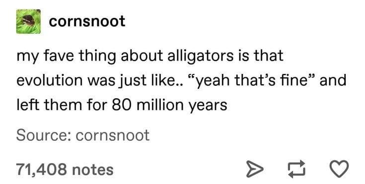 trick or yeet meme - cornsnoot my fave thing about alligators is that evolution was just .. "yeah that's fine and left them for 80 million years Source cornsnoot 71,408 notes