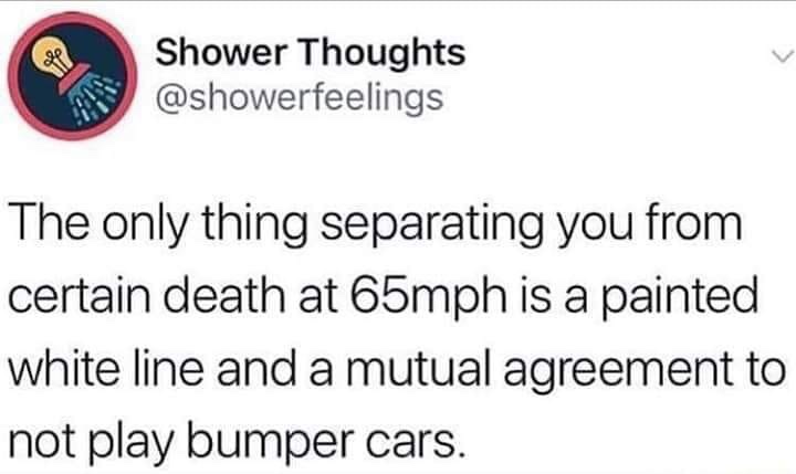 Shower Thoughts The only thing separating you from certain death at 65mph is a painted white line and a mutual agreement to not play bumper cars.