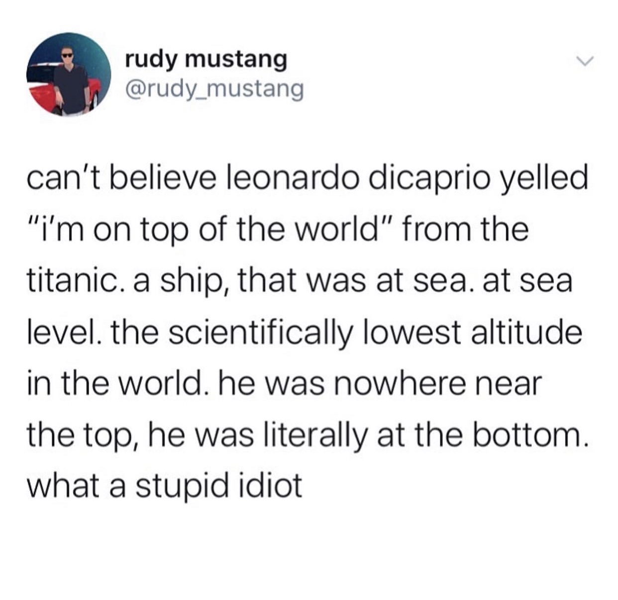 dril twitter - rudy mustang can't believe leonardo dicaprio yelled "i'm on top of the world" from the titanic. a ship, that was at sea. at sea level. the scientifically lowest altitude in the world, he was nowhere near the top, he was literally at the bot