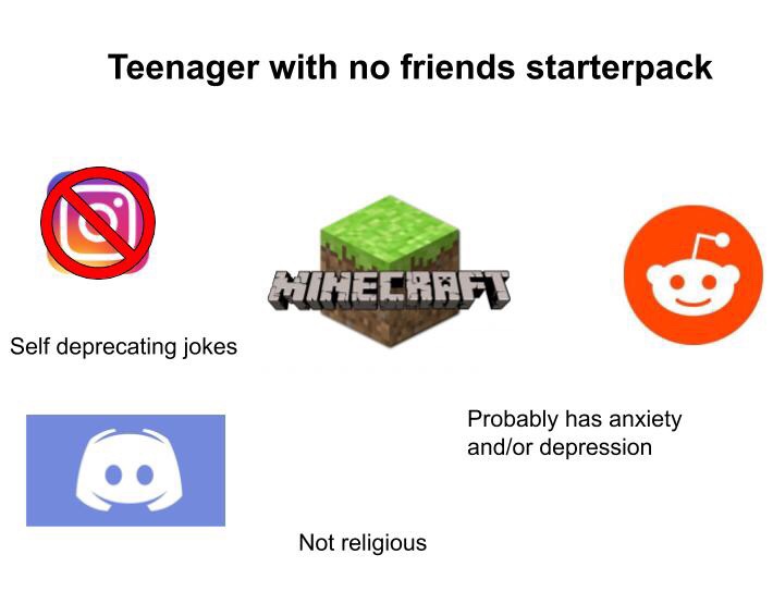 teenager with no friends starter pack - Teenager with no friends starterpack Minecraft Self deprecating jokes Probably has anxiety andor depression Not religious