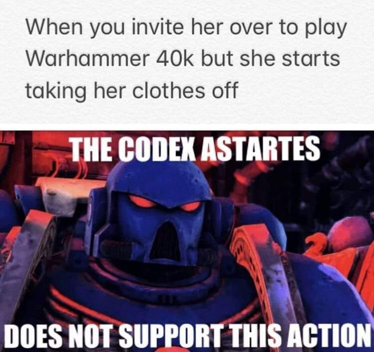 warhammer 40k memes - When you invite her over to play Warhammer 40k but she starts taking her clothes off The Codex Astartes Does Not Support This Action