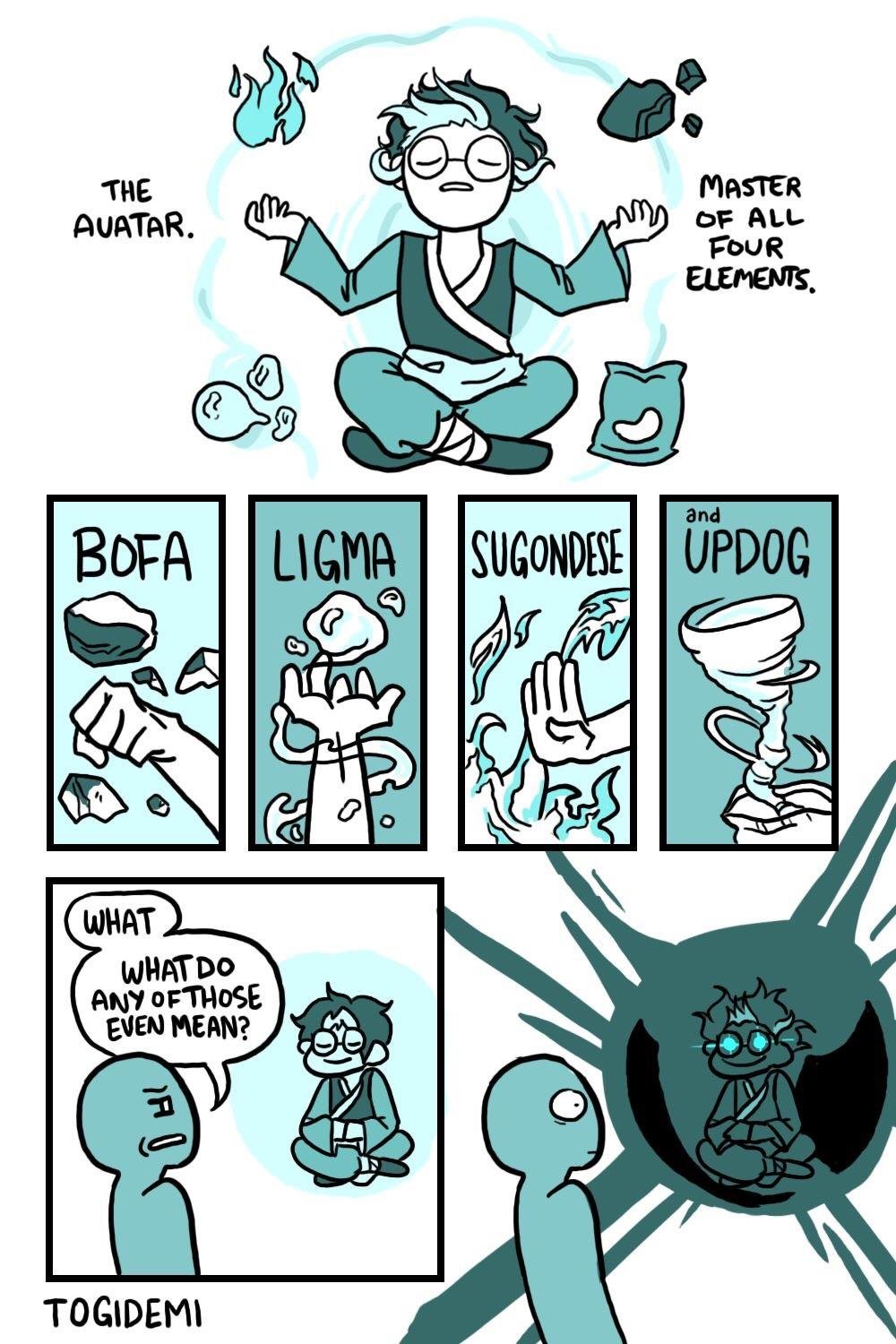 bofa ligma sugondese updog - The Quator. Master Of All Four Elements. and Bofa What What Do Any Of Those Even Mean? Togidemi