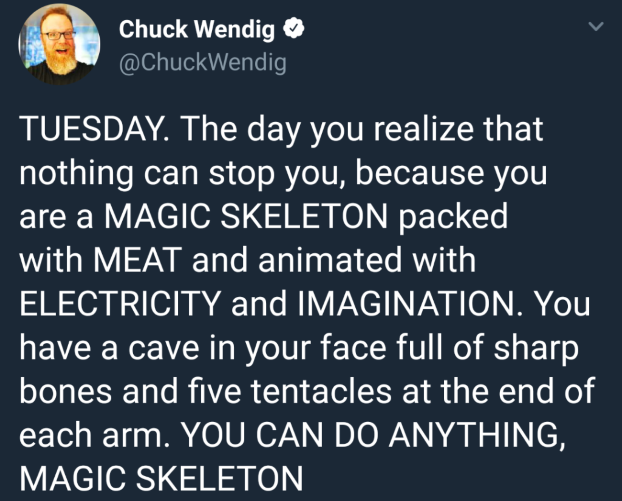 you can do anything magic skeleton - Chuck Wendig Tuesday. The day you realize that nothing can stop you, because you are a Magic Skeleton packed with Meat and animated with Electricity and Imagination. You have a cave in your face full of sharp bones and