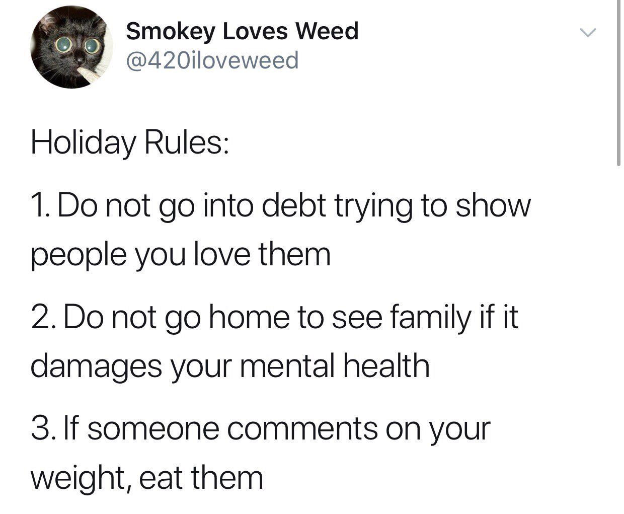 cat - Smokey Loves Weed Holiday Rules 1. Do not go into debt trying to show people you love them 2. Do not go home to see family if it damages your mental health 3. If someone on your weight, eat them