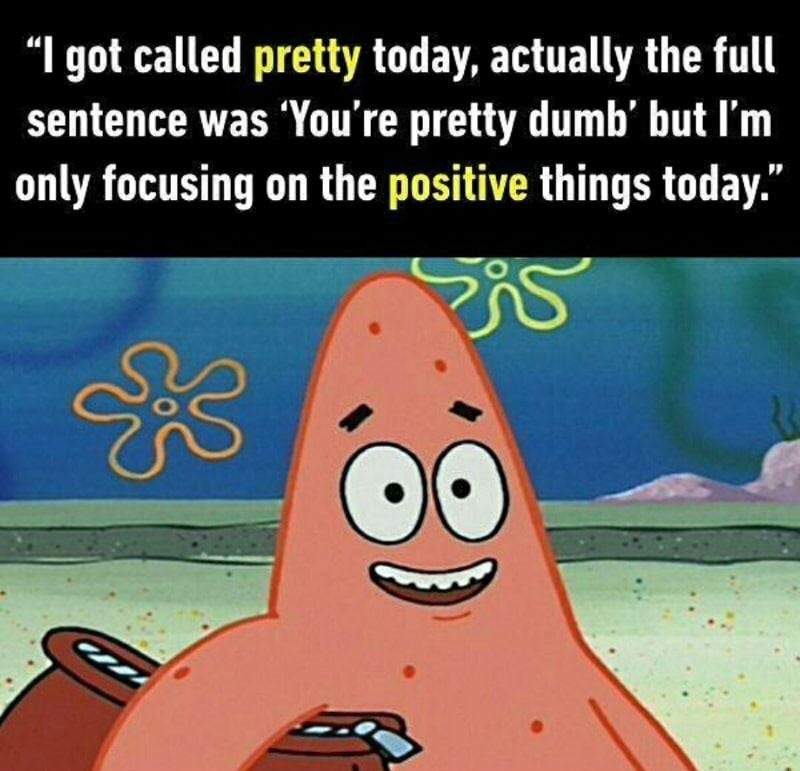 funny pictures that will make you cry - "I got called pretty today, actually the full sentence was 'You're pretty dumb' but I'm only focusing on the positive things today." o