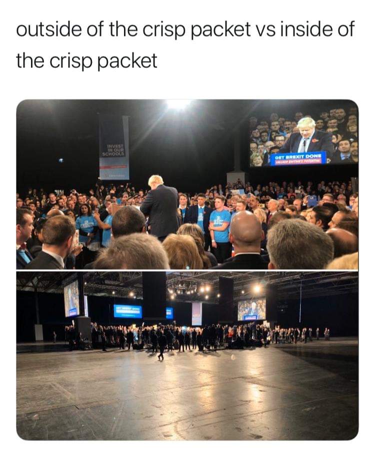 conservative campaign launch reality - outside of the crisp packet vs inside of the crisp packet Visy Olir School Git Brexit Done