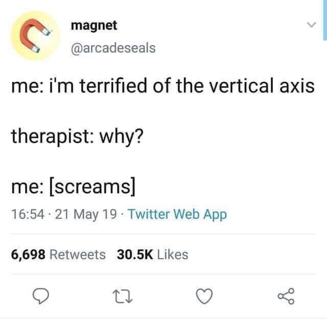 i m terrified of the vertical axis meme - magnet me i'm terrified of the vertical axis therapist why? me screams 21 May 19. Twitter Web App 6,698