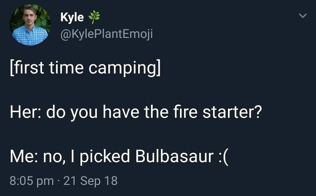 presentation - Kyle first time camping Her do you have the fire starter? Me no, I picked Bulbasaur 21 Sep 18