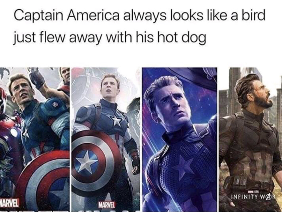 marvel memes - Captain America always looks a bird just flew away with his hot dog Infinity Wor Marvel Marvel