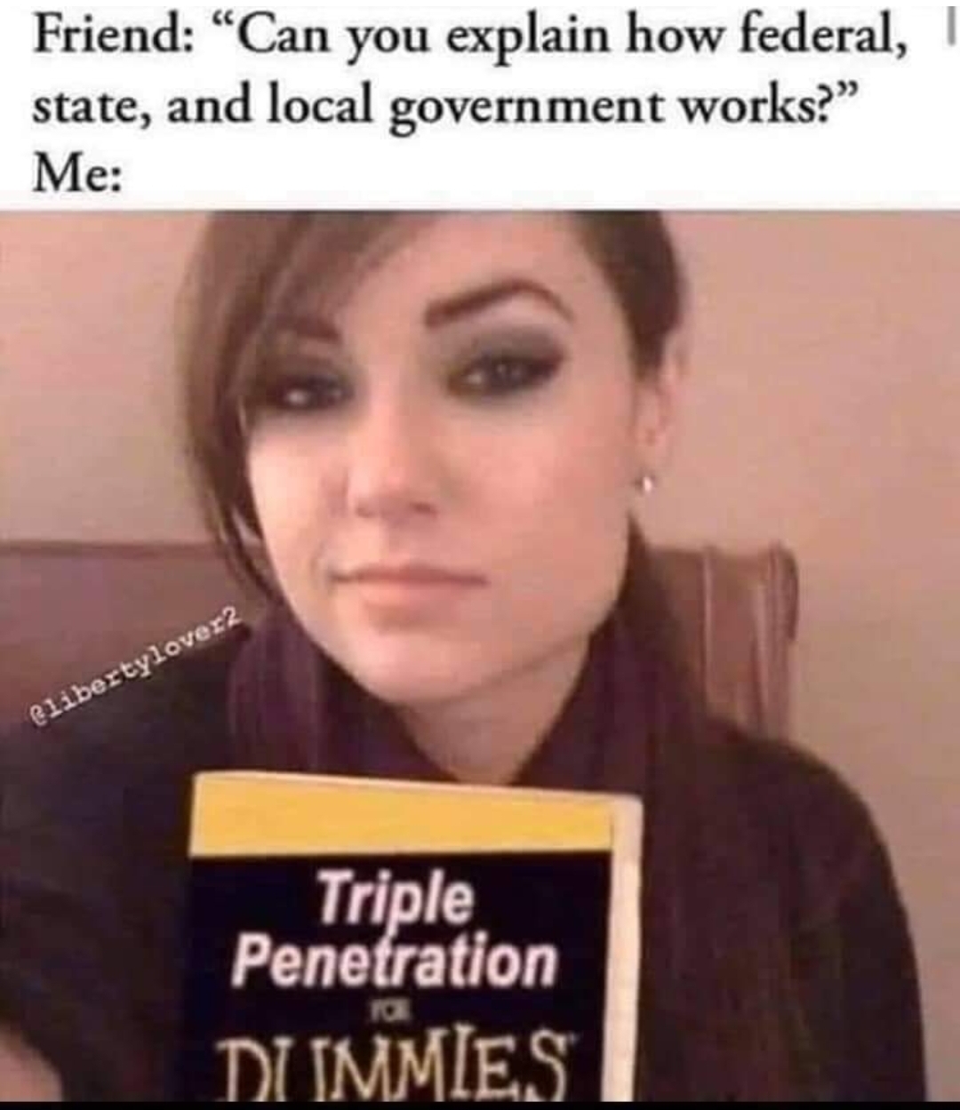 Local government - Friend "Can you explain how federal, state, and local government works? Me Triple Penetration Dummies